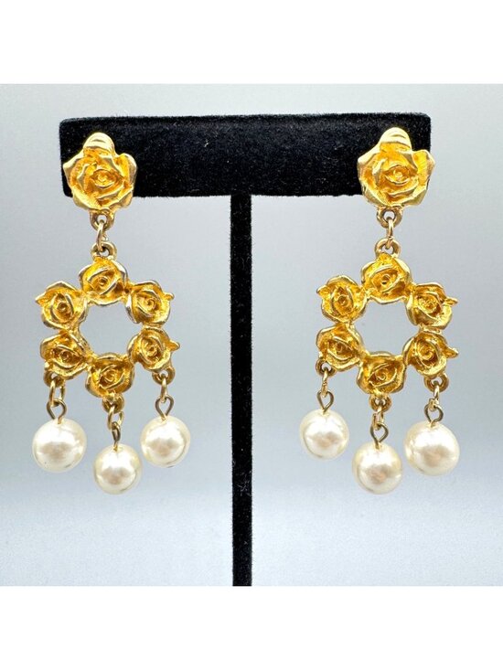 Unsigned Jewelry - Vintage Rose and Faux Pearl Dangle Earrings Waterfall Bridal Statement Wedding